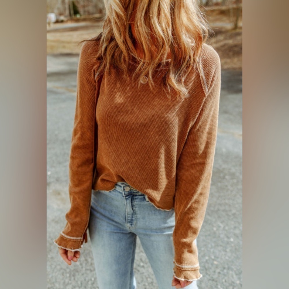 NEW Brown Waffle Knit Top with Raw Whipstitch Hems - Picture 2 of 10